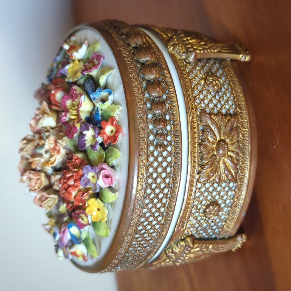 Antique German Brass Footed PorcelainAdorned Flowerd Lidded Trinket Dish Signed